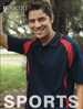 Unisex Adults Breezeway Sports Polo in navy blue and red, featuring a logo and displayed by a smiling model outdoors.