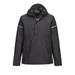 A black overhead rain jacket with a hood, featuring reflective detailing and a logo.