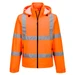 A high-visibility lightweight packable jacket in bright orange with reflective stripes and a hood. Features a zip front and pockets.