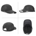 A black performance cap displayed from multiple angles, featuring a sleek design and a logo.