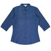 A navy blue button-up shirt with 3/4 sleeves and a fitted design, featuring a logo.