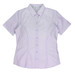 A short-sleeve button-up shirt in light purple with a fitted design and a collar, featuring a logo.