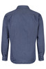 A men's long sleeve button-up shirt in a navy blue stripe pattern with a collar and cuff details.