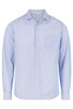 A light blue long sleeve button-up shirt with a chest pocket and a logo on the label.