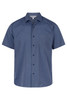 A short sleeve, button-up men's shirt in a deep blue colour with a chest pocket and a branded tag.