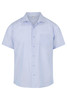 A short-sleeve, light blue button-up shirt with a chest pocket and a logo.