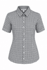 A short-sleeve button-up shirt in a black and white gingham pattern with a collar and a logo.