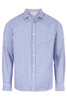 A long-sleeve button-up shirt featuring a blue and white gingham pattern, with a branded logo.