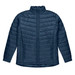 A navy blue puffer jacket featuring a high neck, zip front, and side pockets, with branding on the chest.