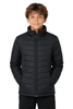 A black BULLER KIDS JACKET featuring a zip front and padded design, modelled by a child.