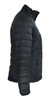 A black puffer jacket with a zip and standing collar, featuring a sleek, quilted design and a logo.
