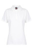A white women's polo shirt with a collar and placket, featuring a branding logo.