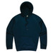 A dark navy hooded jumper featuring a front pocket and a drawstring. It has a logo on the interior.