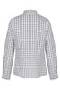 A long sleeve button-up shirt in a grey and white check pattern, featuring a collar and cuff detailing.