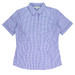 A short-sleeve button-up shirt in blue and white checkered pattern, featuring a classic collar and a fitted design.