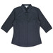 A dark grey button-up shirt with 3/4 sleeves and a collar. It features a branding logo.