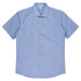 A short-sleeve button-up shirt in a light blue shade featuring a single chest pocket and a brand logo.
