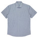 A short sleeve button-up shirt in a blue and white striped pattern, featuring a chest pocket and a collar.