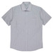 Short-sleeve button-up shirt featuring a striped pattern in grey and white, with a single chest pocket and a logo.