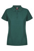 A green polo shirt with a collar and short sleeves, featuring a button-up front and a branding logo.