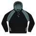A black and grey hoodie with a front pocket and a drawstring hood, featuring a logo.