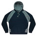 A hooded jumper featuring a dark navy body with grey panels and a front pocket. The hoodie has a logo.