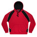 A red and black hoodie with a front pocket and hood. Features contrasting sleeves and a logo.