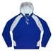A blue and white hoodie featuring a kangaroo pocket and contrasting raglan sleeves, with a logo on the neckline.