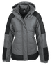 A women's jacket in grey with black accents, featuring a hood and zippered front, with branding.