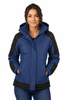 A navy and black women's jacket with a hood, featuring a logo and side pockets.