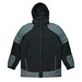 A black and grey men’s jacket with a hood and zippered pockets. It features a logo on the front.