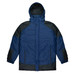 A navy blue and black men's jacket with a hood, featuring a zip and button closure. It has a logo on it.