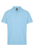 A light blue polo shirt with a collar and three buttons, featuring a logo on the label.