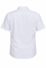 A short sleeve, white button-up shirt with a back yoke and a logo.