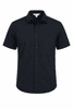 A short-sleeve button-up shirt in navy blue with a chest pocket and branded label.