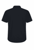 A short-sleeve men's button-up shirt in black with a plain back design and a collar.