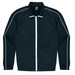 A black kids' jacket with white piping, featuring a full zip and a collar. It has a logo on the inside.