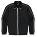 A black jacket with white piping details and a front zip, featuring a label with branding.