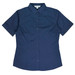 A navy short-sleeve button-up shirt with a fitted design, featuring a collar and a logo.