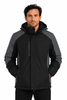 A black and grey men's jacket with a hood and zippered pockets, featuring a branding logo.
