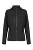 A black soft shell jacket with zippered pockets and a stand-up collar. It features a logo on the front.