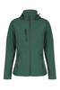 A green soft shell jacket with a zip front, two side pockets, and a hood, featuring a logo.