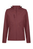 A maroon soft shell jacket featuring a zip front, two side pockets, and a zippered chest pocket. It has a logo.