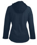 A soft shell jacket in navy blue, featuring a hood and a sleek, fitted design.