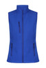 A blue work vest with a high collar and multiple zippered pockets, featuring a logo.