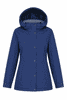 A navy blue jacket featuring a hood, front buttons, and side pockets, with a branded logo.