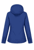 A blue women's jacket with a hood, featuring a fitted design and side openings, includes a logo on the back.