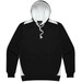 A black hoodie with white accents and a drawstring hood. Includes a front pocket and has a logo.