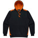 A black hoodie with orange accents and a front pocket, featuring a drawstring hood and a logo.