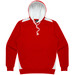 A red hoodie featuring a white hood and side panels, with a front pocket and a logo.